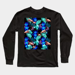 Flamingo Palm, Blue Flowers, Black Long Sleeve T-Shirt